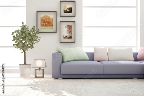 White modern room with sofa. Scandinavian interior design. 3D illustration