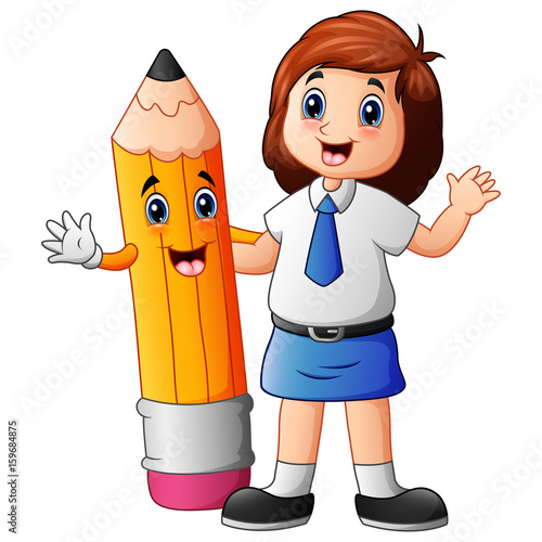 A cute girl in a school uniform with cartoon pencil