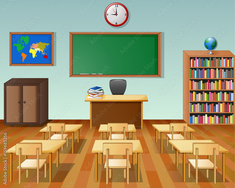 School classroom interior with chalkboard and desk Stock Vector | Adobe ...