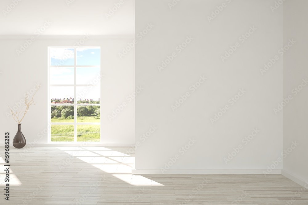 White empty room with green landscape in window. Scandinavian interior design. 3D illustration White empty room with green landscape in window. Scandinavian interior design. 3D illustration