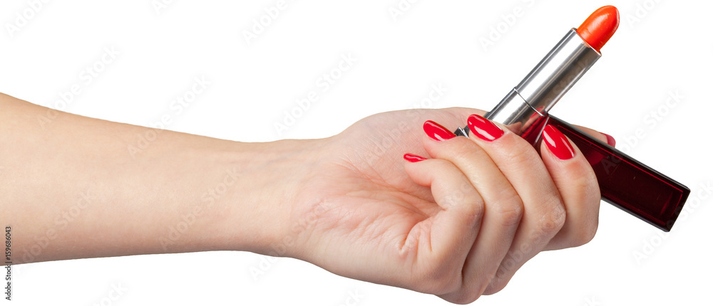 lipstick in hand isolated on white . lipstick in hand isolated on white .