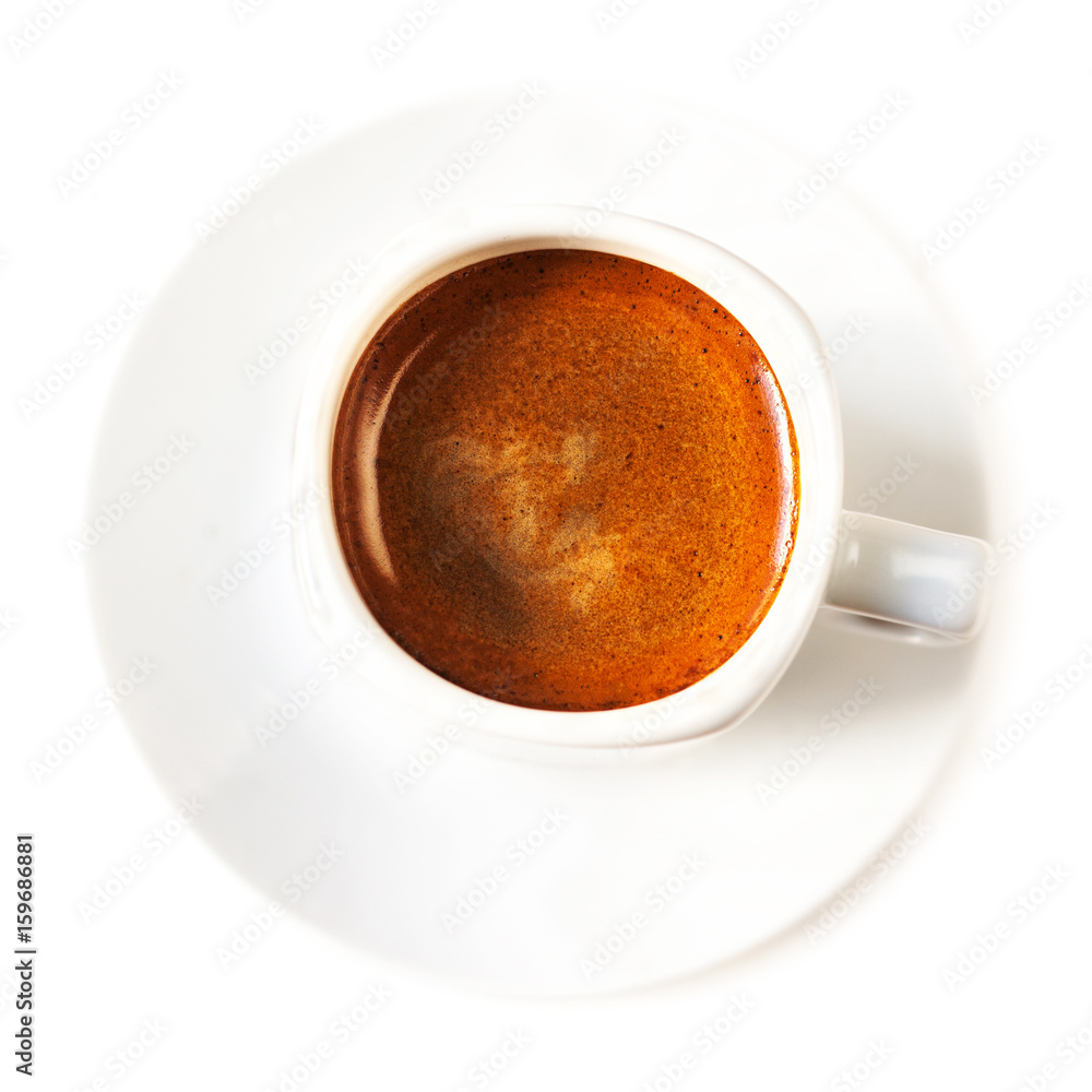 Coffee cup isolated on white background top view. Americano. Coffee cup of cappuccino with brown foam. Coffee cup isolated on white background top view. Americano. Coffee cup of cappuccino with brown foam.