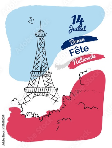 14 july Happy Bastille Day flyer, banner or poster. Holiday background with eiffel tower sketch and french flag background. Vector hand drawn illustration