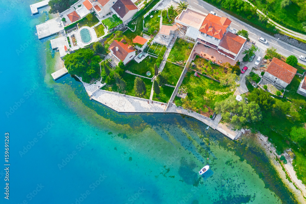 Top view of a houses by the sea