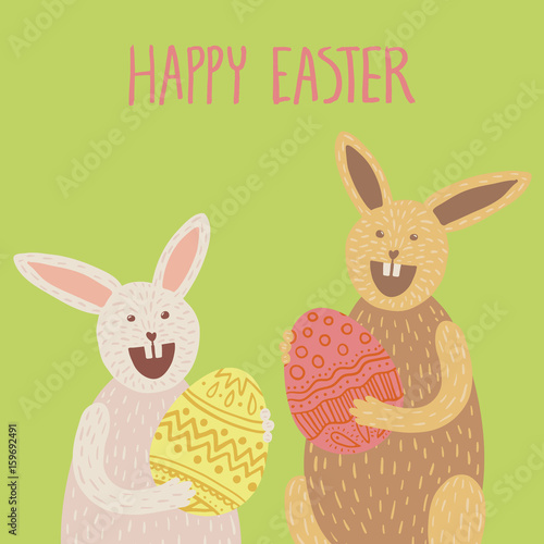 Square Easter card with bunny couple and eggs © chickfishdoodles