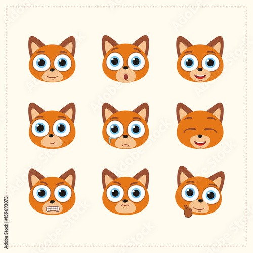 Set funny fox different emotion. Collection emoticons of cartoon fox isolated.