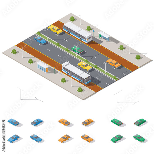 Bus stop and two way road architecture isometric icon set