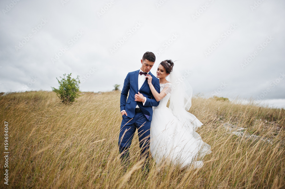 Fantastic wedding couple walking in the tall grass with the pine trees and rocks in the background holding hands.