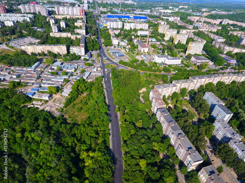 Aerial view. Houses, railway, road and traffic in the city Dnepr, Ukraine. © PhotoStocker