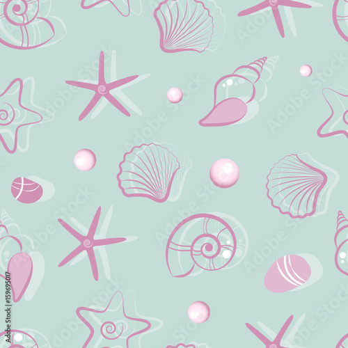Seamless background with shells. Live nature. Vector illustration. Set of seashells.