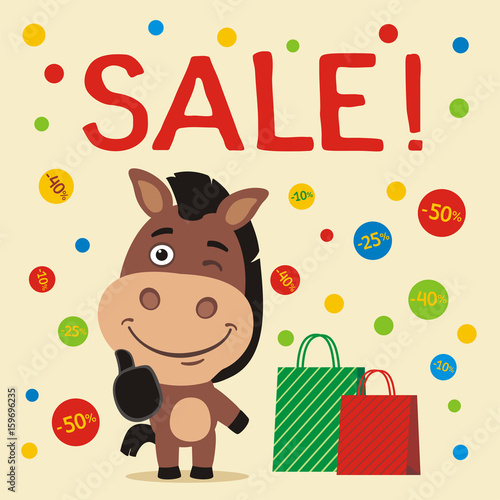 Banner seasonal sale. Funny horse with shopping, falling confetti discounts. Banner for sale and discounts with cartoon horse. © coolpay