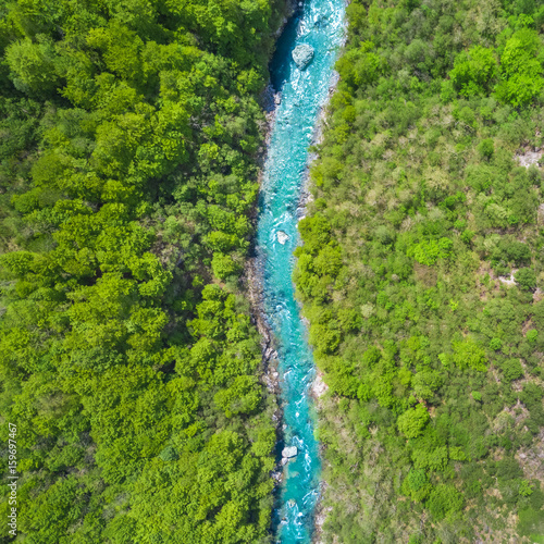 Top view of the river in the mountains surrounded by a green forest