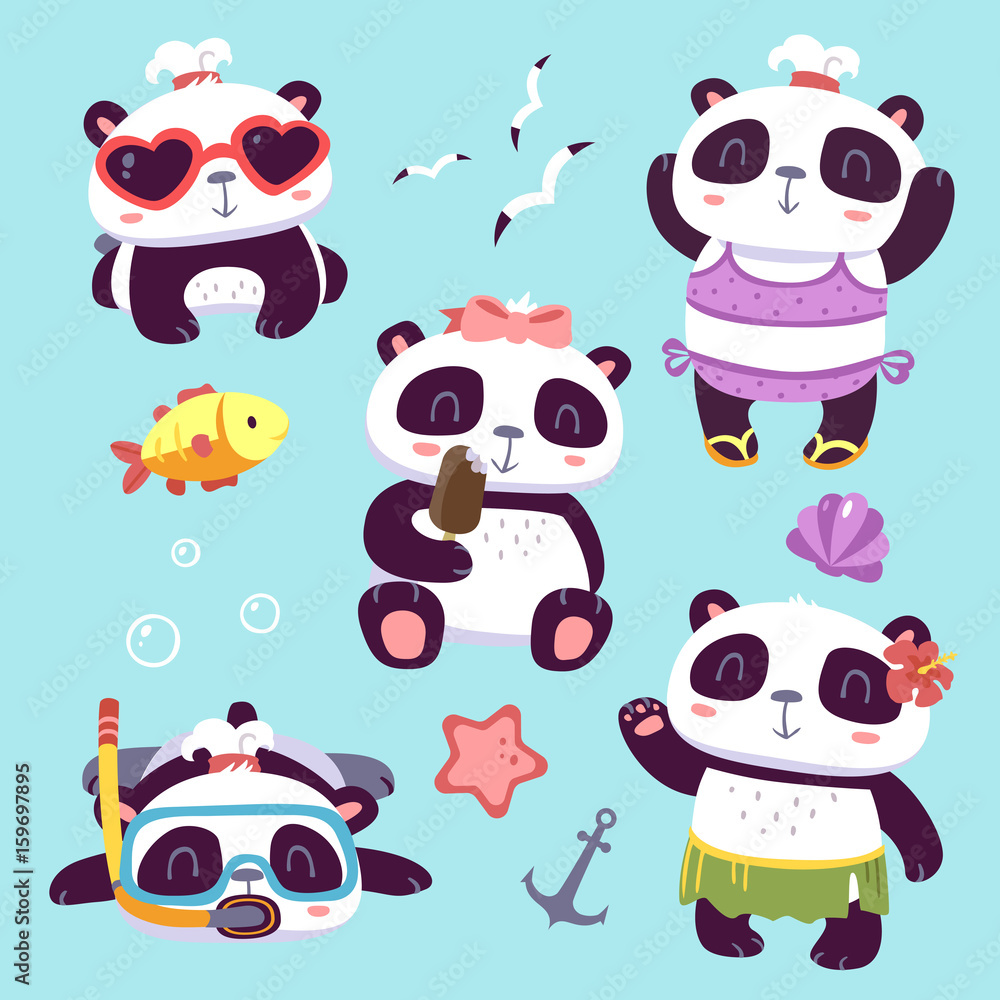 Fototapeta premium vector cartoon style cute girl panda summer beach set