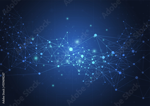 Abstract technology blue glowing connections in space with particles, big data, computer generated abstract background. Vector Illustration