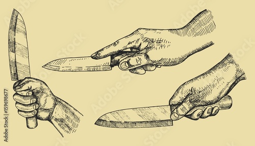 The hand holds a kitchen knife sketch. vector illustration