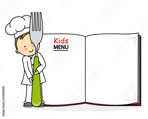 kids menu. Little cook with a fork and a blank book