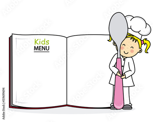 Little girl chef with a fork and a blank book