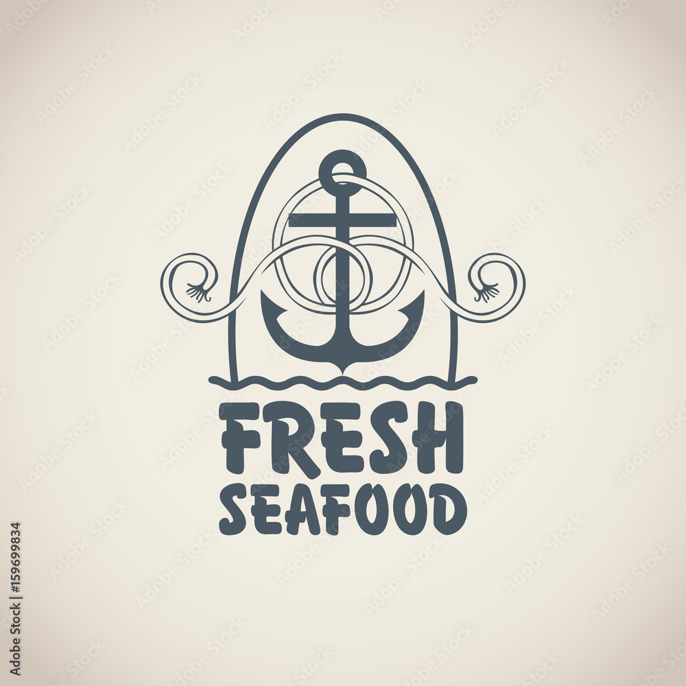 Obraz premium Vector emblem or banner for fresh seafood with an anchor, rope and words on the beige background in retro style.