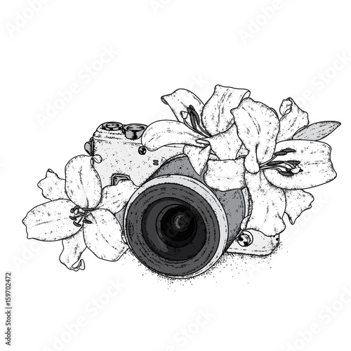 Beautiful lilies and a vintage camera. Vector illustration. Delicate flowers. Vintage print on postcard, poster or clothes.