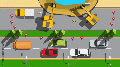 Road under construction top view people