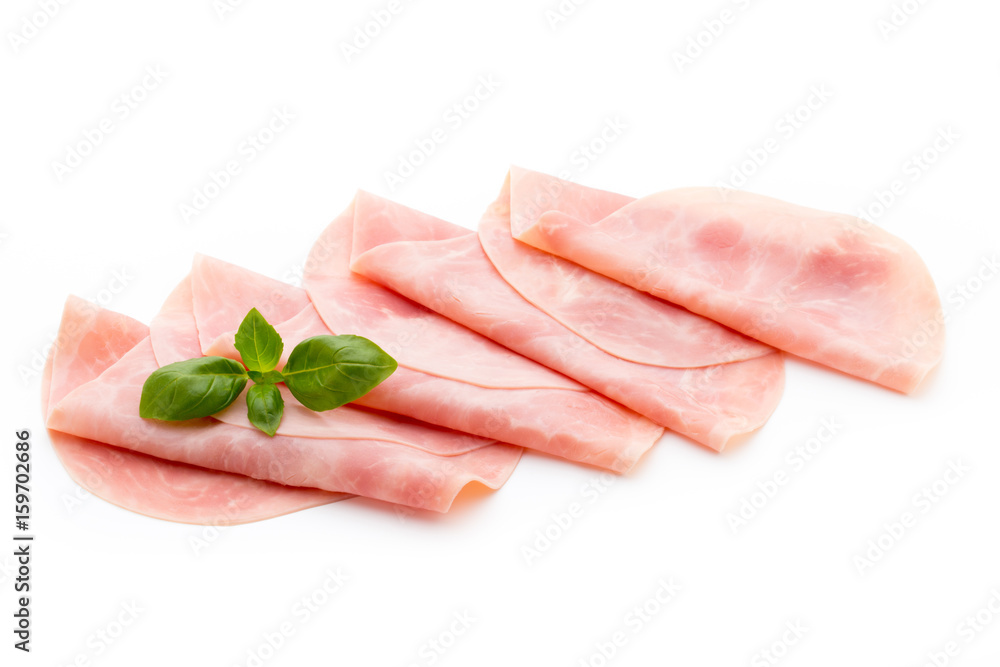 Thin slices of ham on white background. Thin slices of ham on white background.