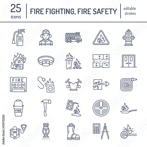 Firefighting, fire safety equipment flat line icons. Firefighter, fire engine extinguisher, smoke detector, house, danger signs, firehose. Flame protection thin linear pictogram.