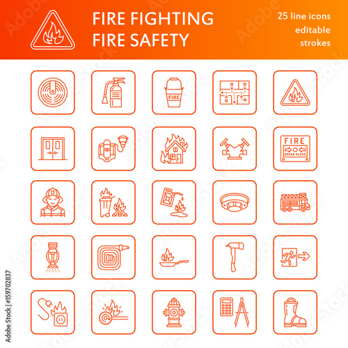 Firefighting, fire safety equipment flat line icons. Firefighter, fire engine extinguisher, smoke detector, house, danger signs, firehose. Flame protection thin linear pictogram.