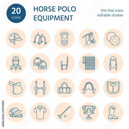 Horse polo flat line icons. Vector illustration of horses sport game, equestrian equipment - saddle, leather boots, harness, spurs. Linear signs set, championship pictograms for event, gear store.