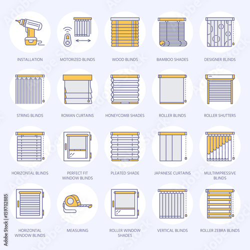 Window blinds, shades line icons. Various room darkening decoration, roller shutters, roman curtains, horizontal and vertical jalousie. Interior design thin linear signs for house decor shop.