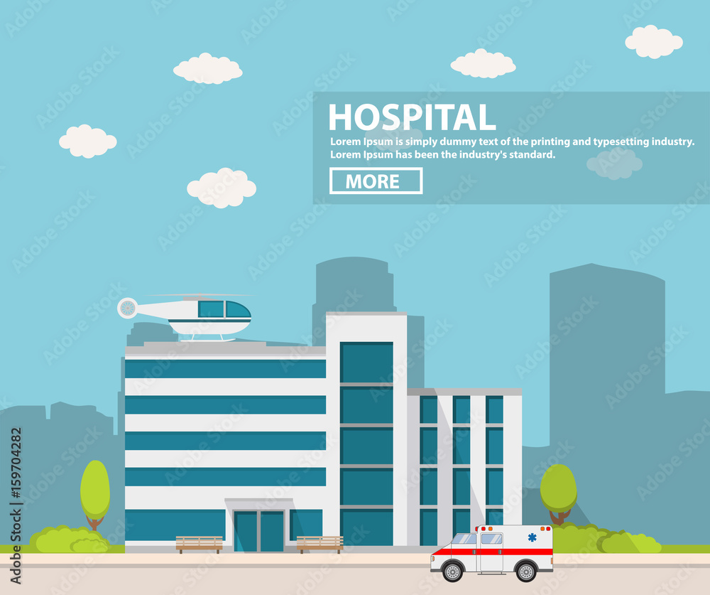 City hospital building with ambulance flat style and the car and the helicopter of medical care.City landscape with silhouettes of skyscrapers and the building of the medical center