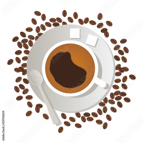 Coffee cup with lumpy sugar and a spoon on a saucer and coffee beans in flat style vector.Design element for leaflets and banners of cafe and restaurants.