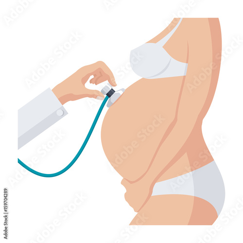 Prenatal care concept, doctor checking pregnant woman with stethoscope, vector illustration in flat style