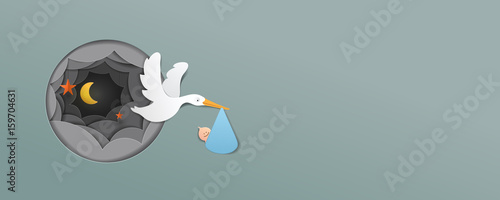 stork With Baby Boy paper art cute vector paper cut illustration