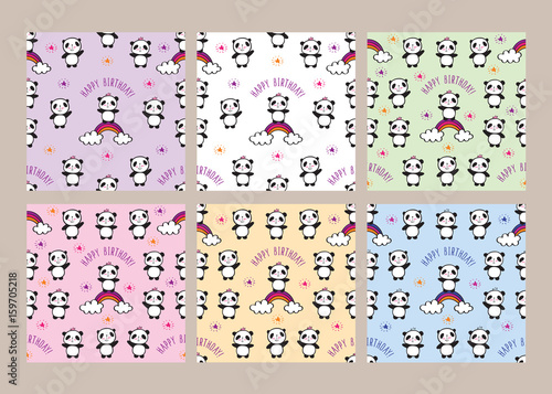 Set of seamless patterns with cute pandas and rainbows for children's textiles, wallpapers, gift wraps and scrapbook. Vector.