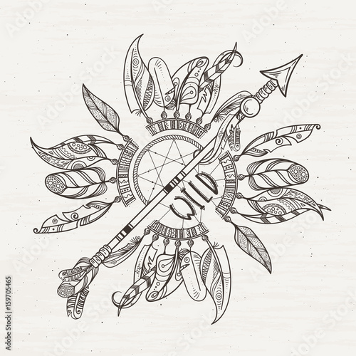 Tribal poster with dreamcatchers arrows and indian feathers. Vector illustration with place for your text