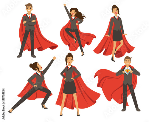 Businesswoman in action poses. Female superhero flying. Vector illustrations in cartoon style