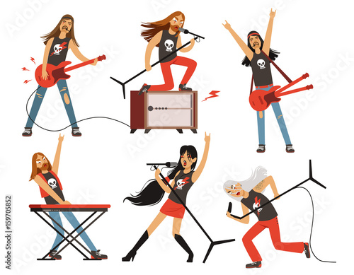 Guitar, amplifier and other music equipment. Rock or pop band characters. Vector illustrations set