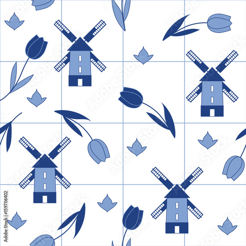 Seamless vector delftware pattern with tulips  and mills