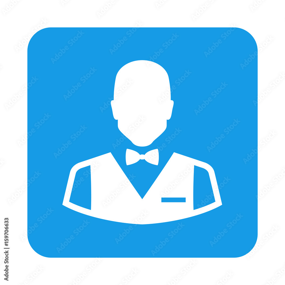 Icono plano camarero en cuadrado azul Icono plano camarero en cuadrado azul