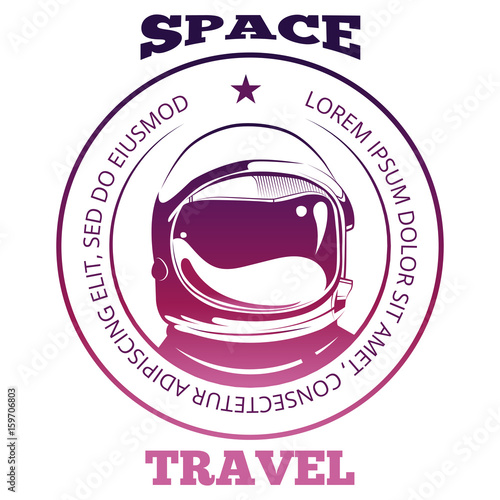 Colorful space travel label design with astronaut in spacesuit isolated on white