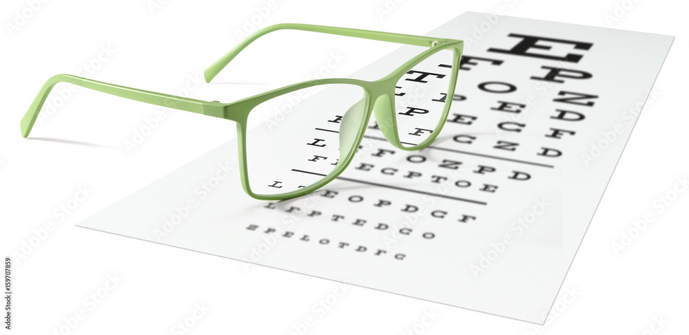 Fototapeta premium green eyeglasses on visual test chart isolated on white. Eyesight concept