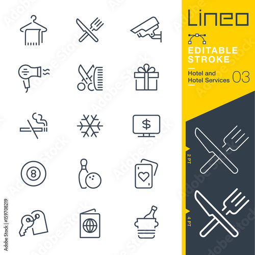 Lineo Editable Stroke - Hotel line icons
Vector Icons - Adjust stroke weight - Expand to any size - Change to any colour