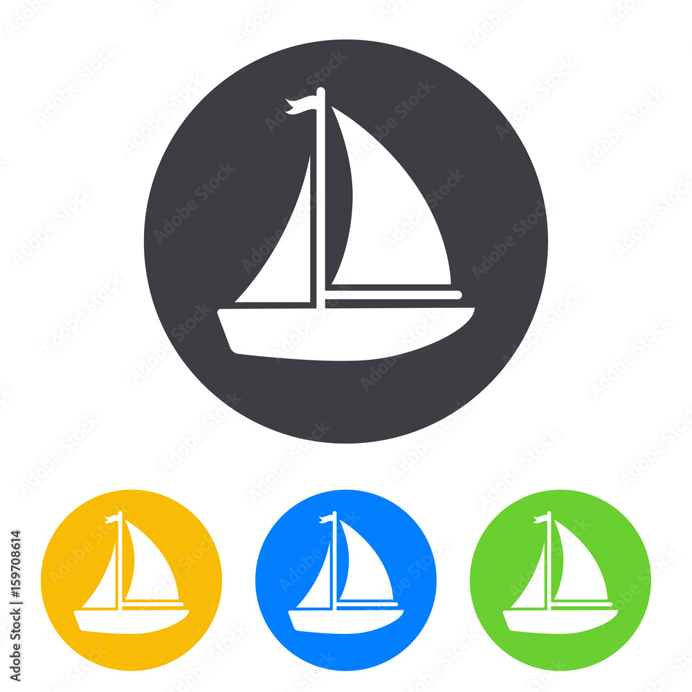 Icono plano velero con banderin en circulo varios colores
