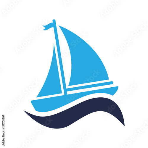Icono plano velero con ola en fondo blanco