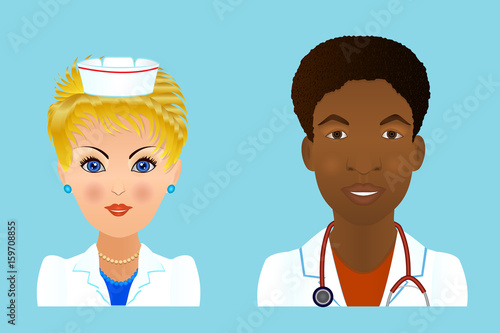 Medical clinic staff flat avatars of doctors, nurses, surgeon, assistant.  Hospital personnel multiracial faces.