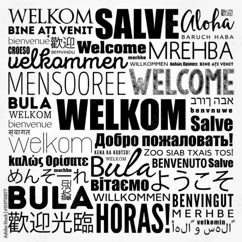Welkom (Welcome in Afrikaans) word cloud in different languages, conceptual background
