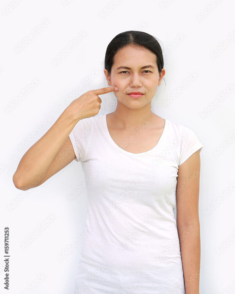 Young asian woman in T-Shirt Showing expression point her cheek. Young asian woman in T-Shirt Showing expression point her cheek.