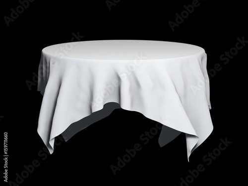 White round table cloth mockup isolated on black. 3D illustration