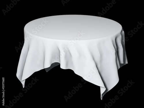 White round table cloth mockup isolated on black. 3D illustration