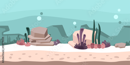 Seamless unending background for arcade game or animation. Underwater world with rocks, seaweed and coral. Vector illustration, parallax ready.